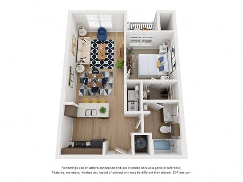 Floor plan for 1 bed, 1 bath, 651 sqft
